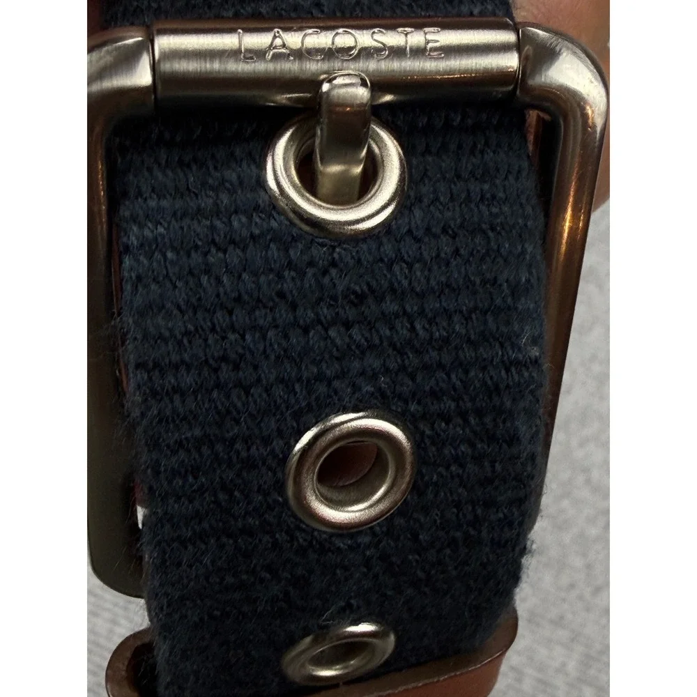 Lacoste Mens Navy Blue Webbed Belt Brown Leather Trim Logo Size 36